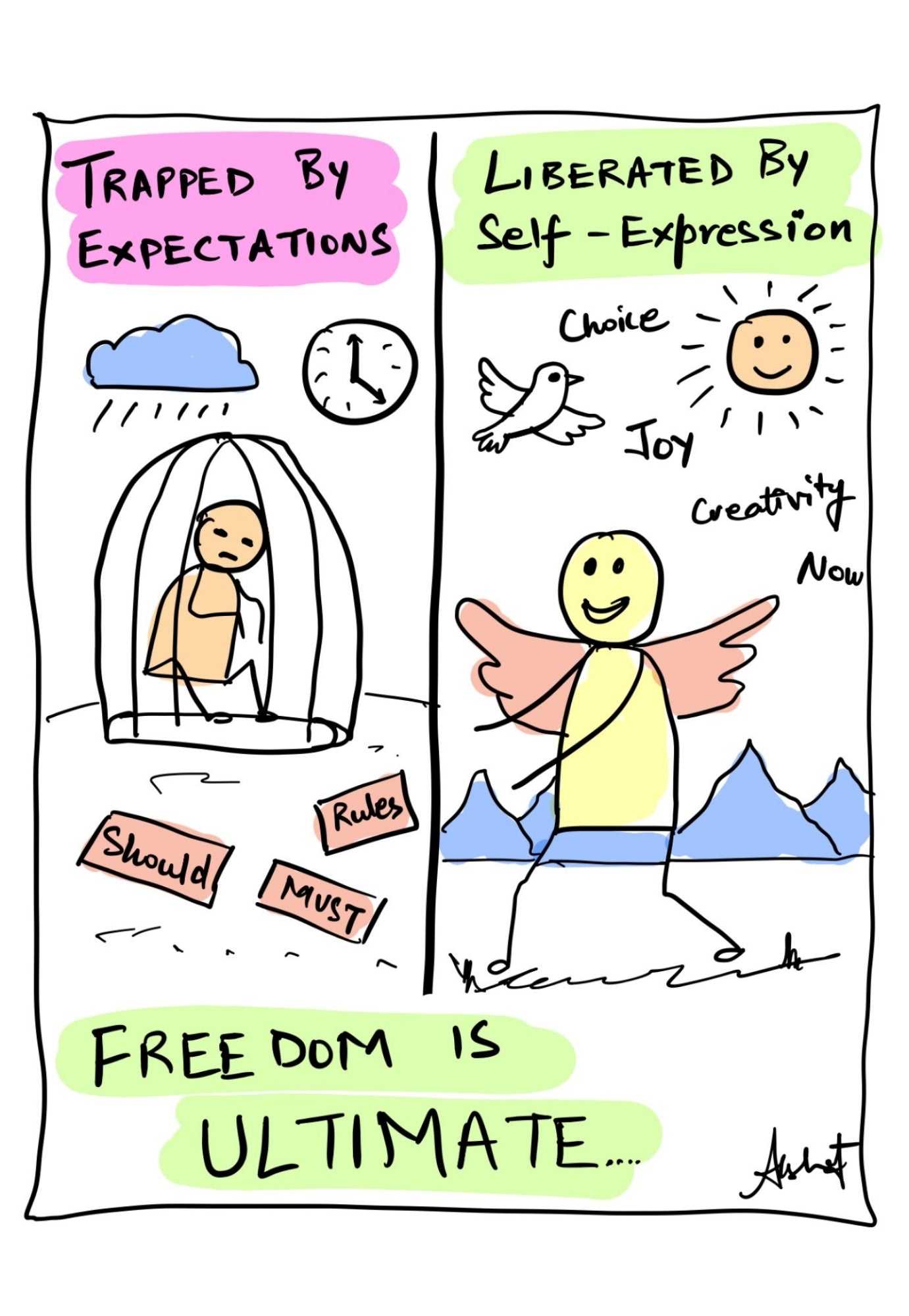 Liberation From Self-Constructed Mental Cages - doodle art by Akshat Bansal